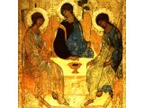 The three heavenly `strangers` who visited Abraham`s tent - a Russian icon by Andrew Rubliev (c.1360-1430)